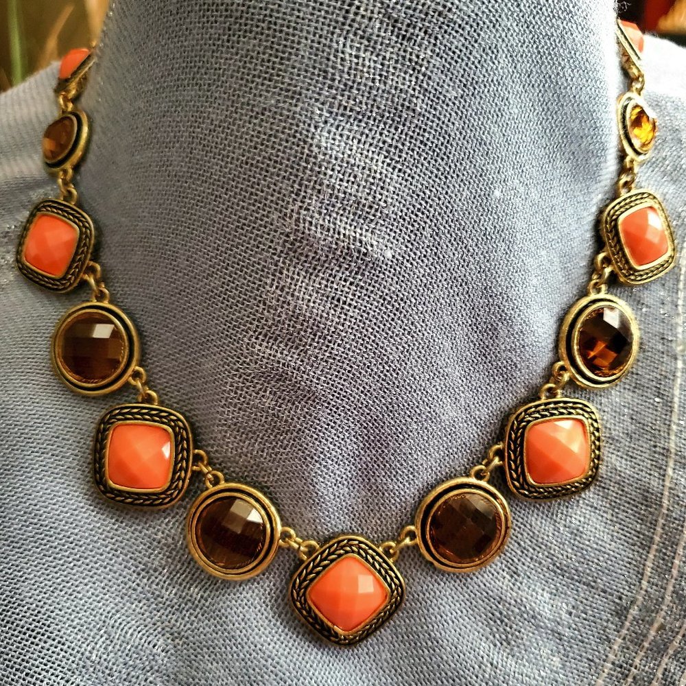 Peach & Smoky Crystal Napier Necklace 18"